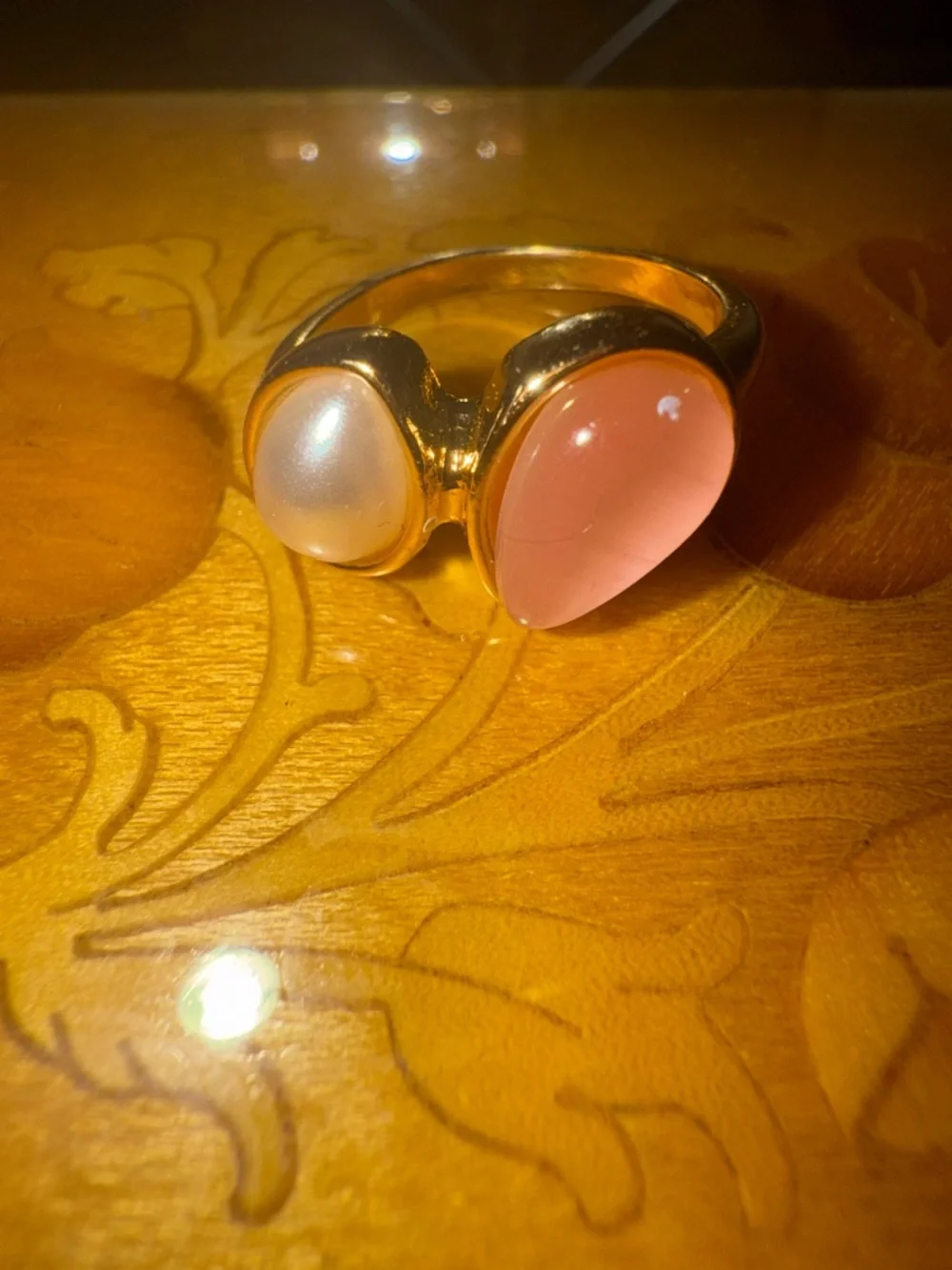 Gold Ring with Pink Stone and Pearl Accent - Women Jewelry - Picture 1 of 1
